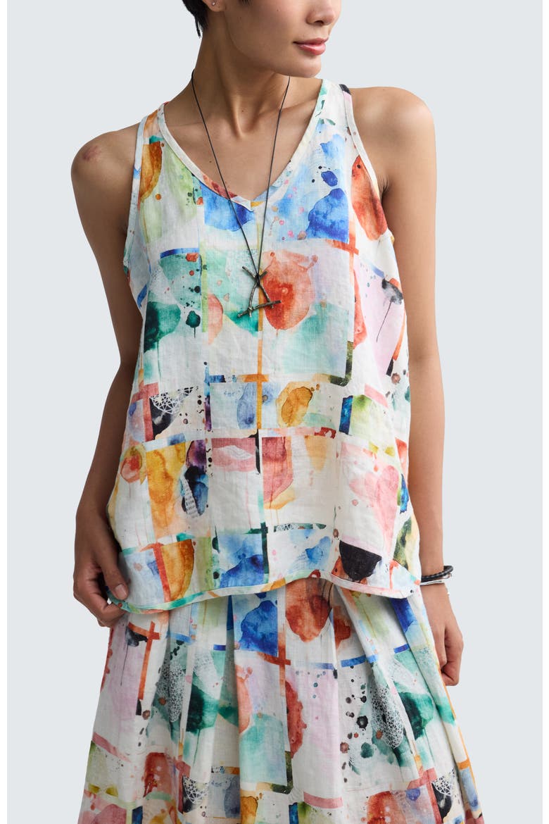 Orielle Painterly Print Linen V-Neck Top, Main, color, Multihued