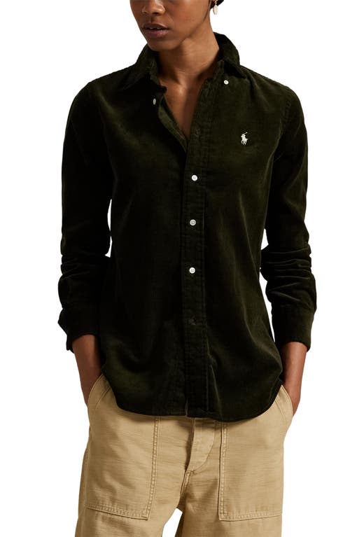 Polo Ralph Lauren Olive Long-sleeve Velvet Ribbed Shirt With Classic Collar In Green