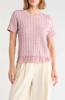 Cable Short Sleeve Fringe Hem Sweater
