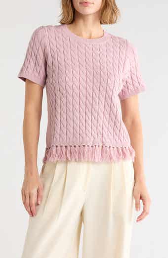 Cable Short Sleeve Fringe Hem Sweater