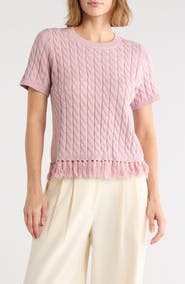Adrianna Papell Cable Short Sleeve Fringe Hem Sweater