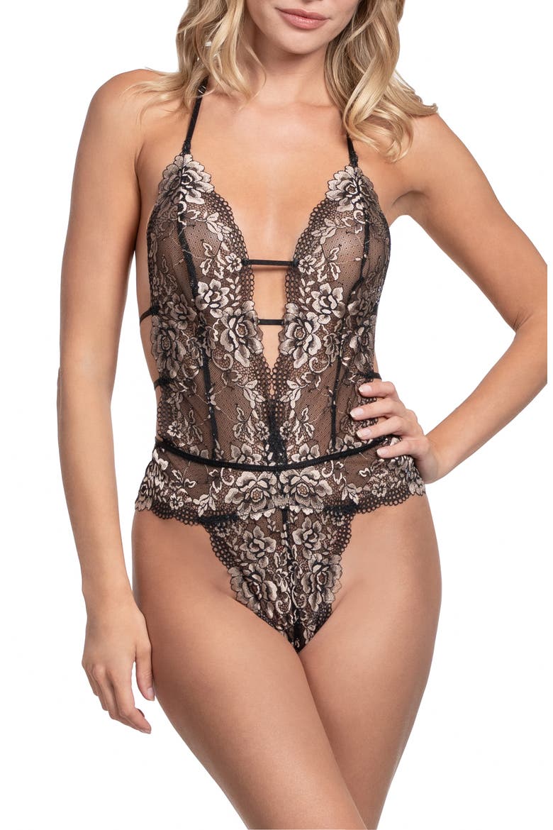 Aviva Embroidered Halter Lace Teddy, Main, color, BLACK