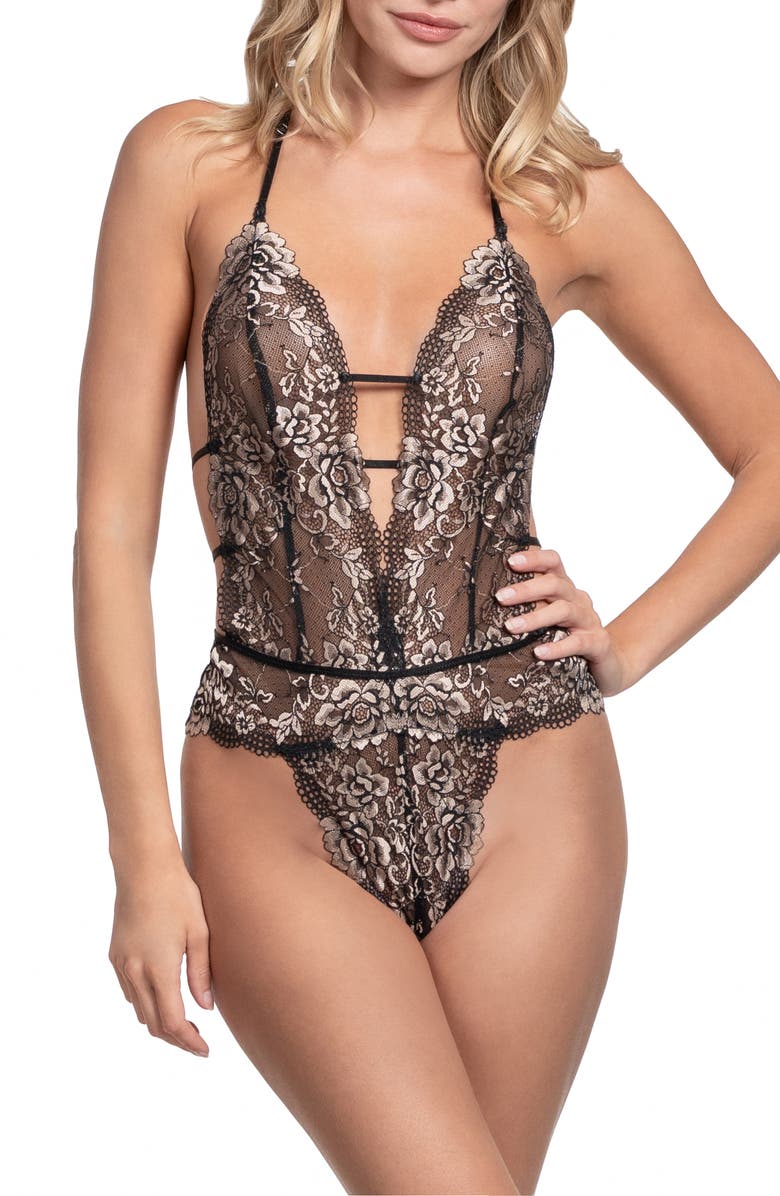 In Bloom by Jonquil Aviva Embroidered Halter Lace Teddy, Main, color, Black