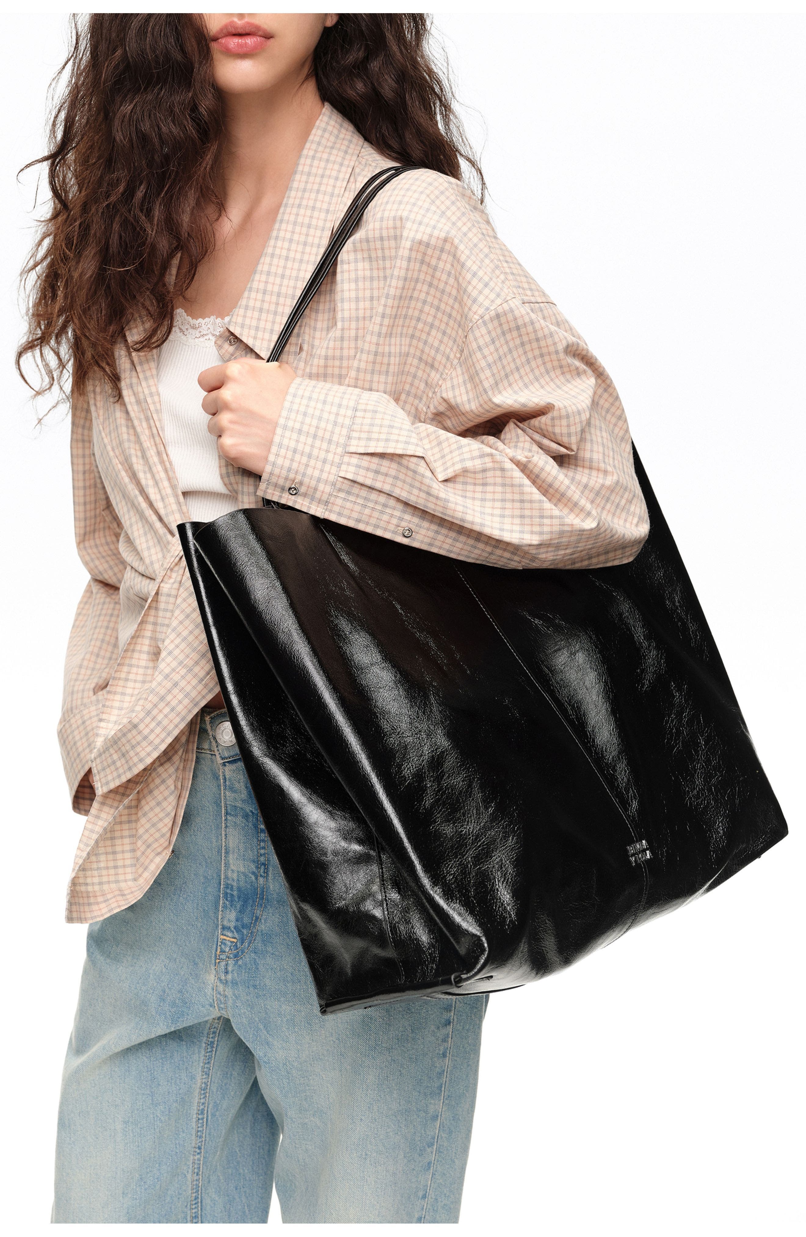 Shiny leather maxi shopper bag, Alternate, color, BLACK