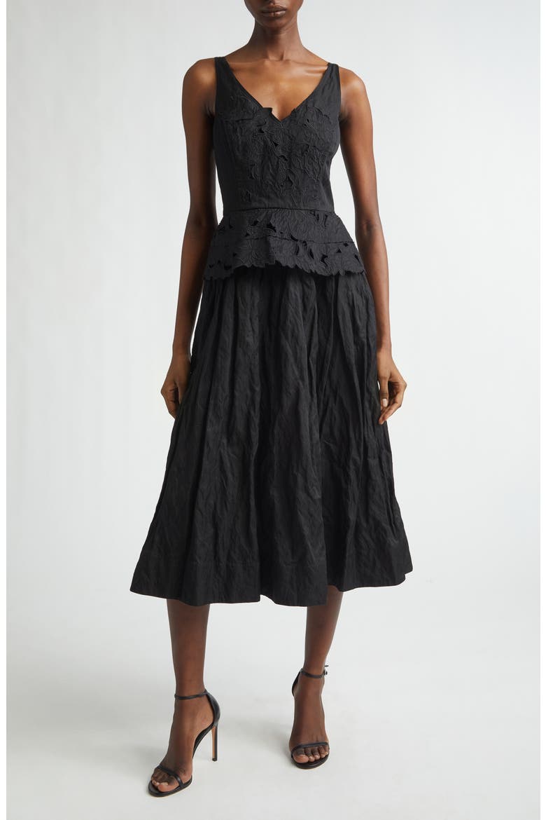 Floral Embroidered Crinkled Peplum Midi Dress, Main, color, BLACK