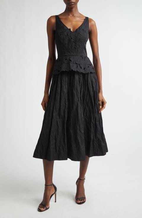 Floral Embroidered Crinkled Peplum Midi Dress