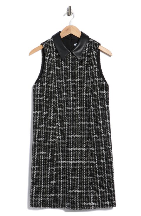 Faux Leather Collared Tweed Shift Dress