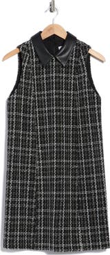 Calvin Klein Faux Leather Collared Tweed Shift Dress