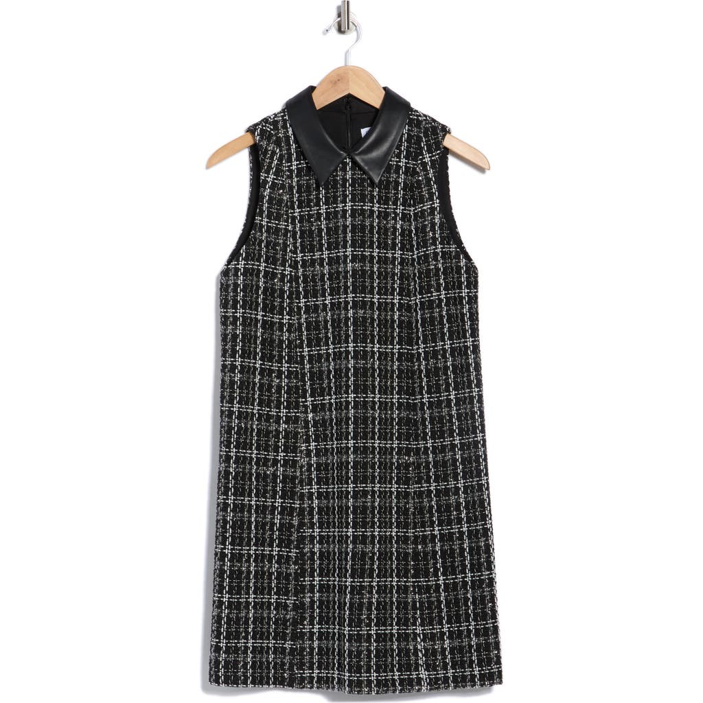 Calvin Klein Faux Leather Collared Tweed Shift Dress In Multi