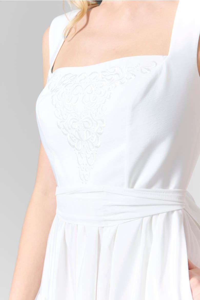 Belted Taffeta Embroidered Midi Dress, Alternate, color, White