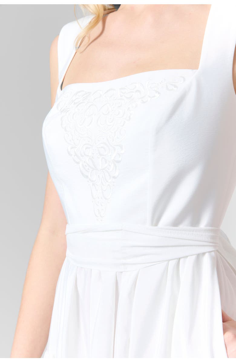 Le Fafo Belted Taffeta Embroidered Midi Dress, Alternate, color, White