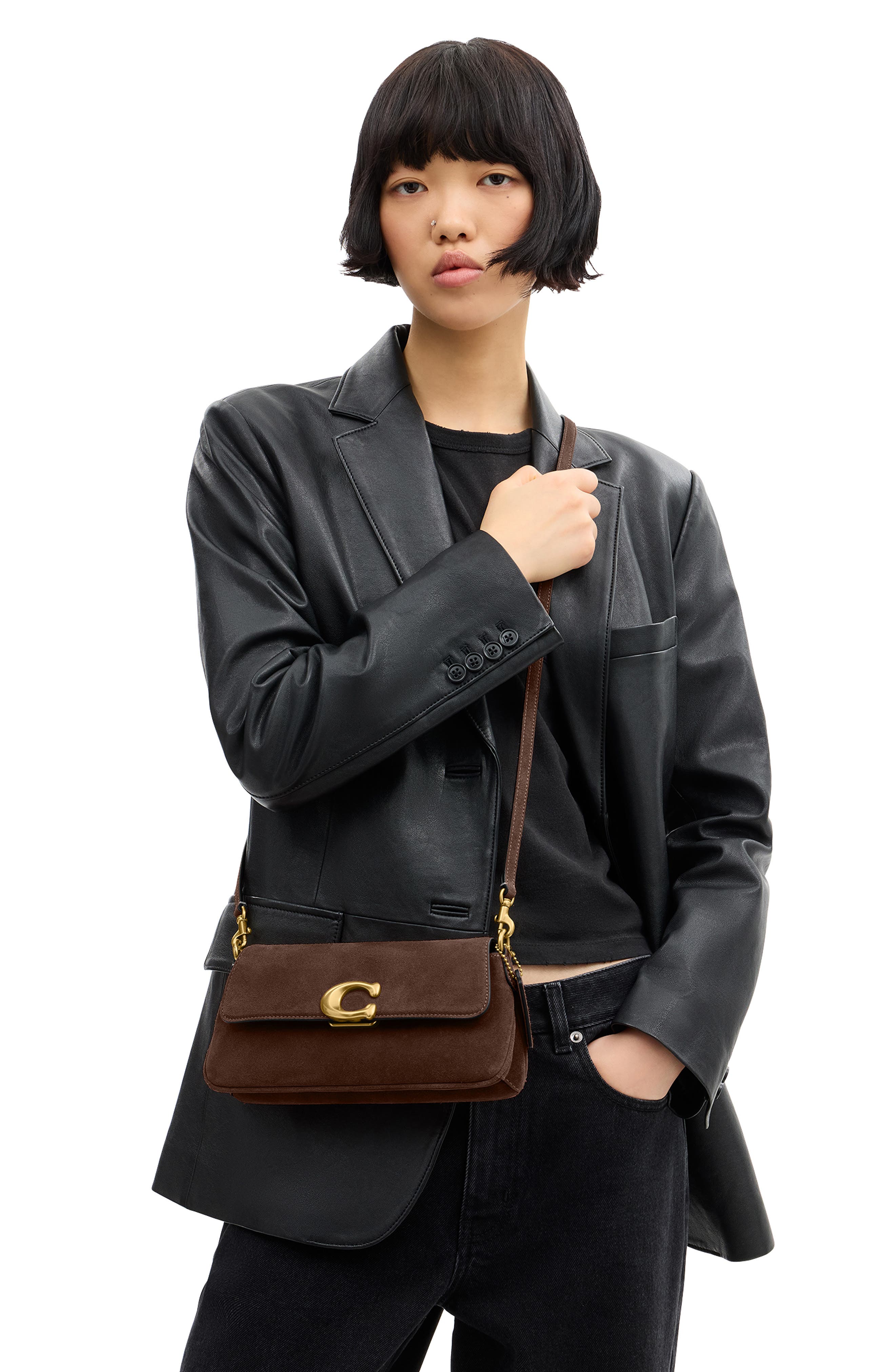 Jet Suede Shoulder Bag, Alternate, color, DARK CHOCOLATE
