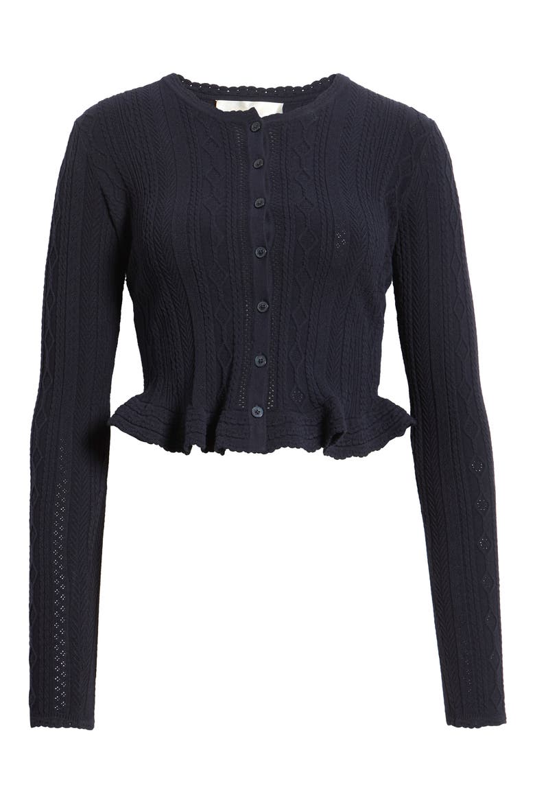 Orly Ruffle Hem Pointelle Cardigan, Alternate, color, MIDNIGHT KISS