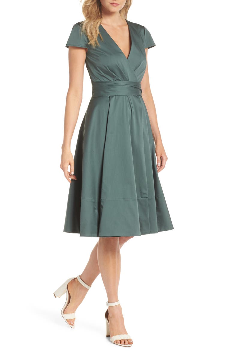 Addison Cotton Tie Waist Fit & Flare Wrap Dress, Main, color, OLIVE