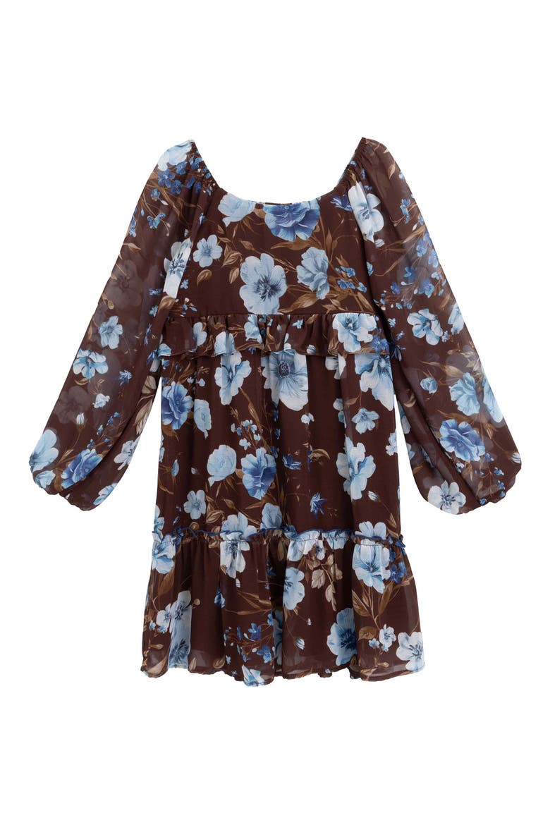 Kids' Long Sleeve Chiffon Babydoll Dress, Main, color, BROWN/ BLUE JM