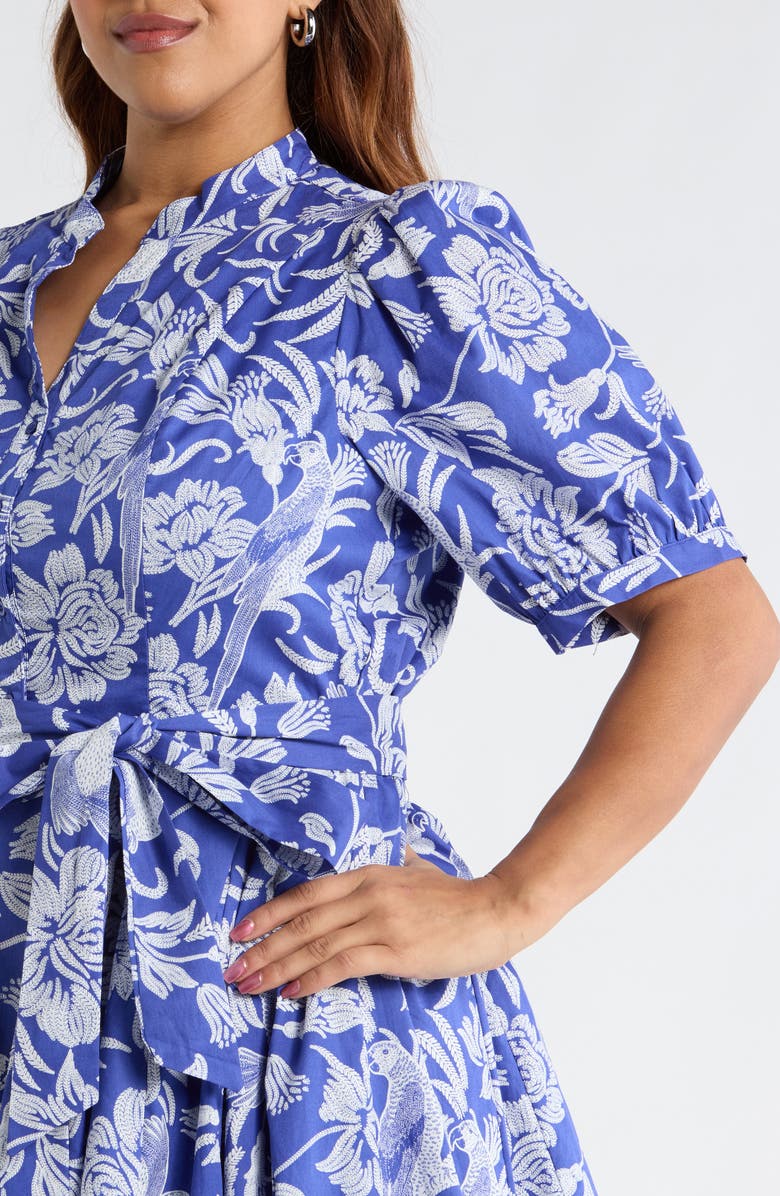 SUGARLIPS Floral Puff Sleeve Pleated Cotton Shirtdress, Alternate, color, Navy-White