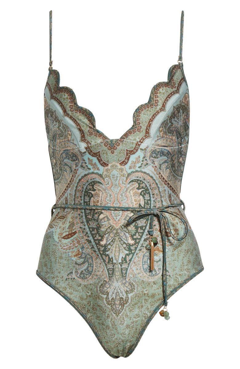 Zimmermann Wanderlust Scalloped One-Piece Swimsuit, Alternate, color, Tapestry Teal Multi