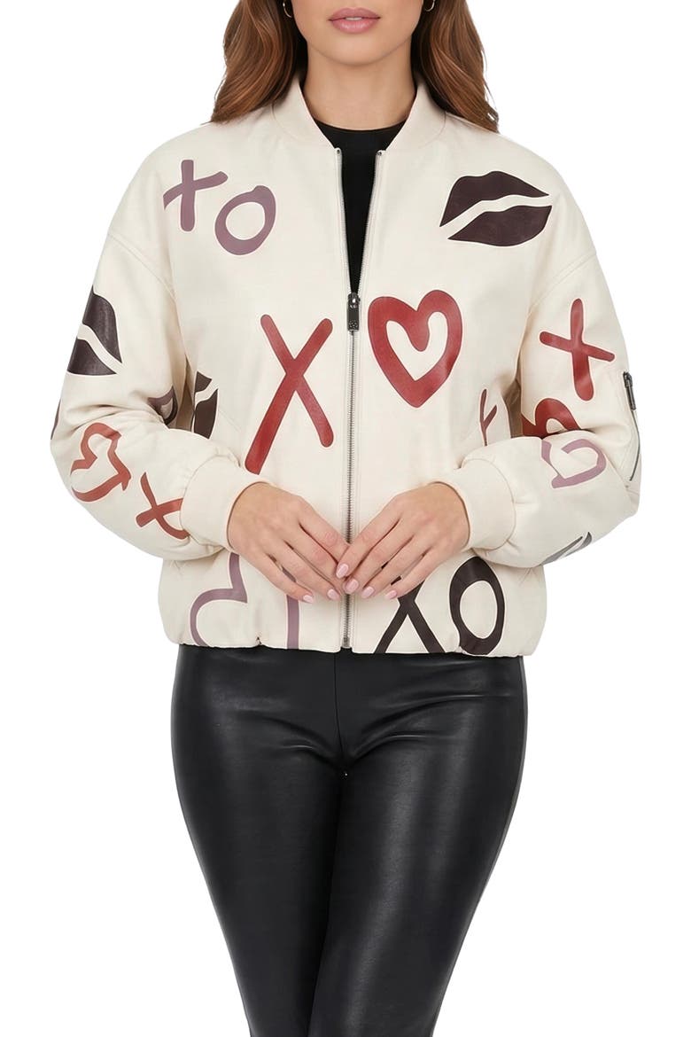 Genuine Nappa Leather Bomber Zip Jacket, Alternate, color, WHITE/XO MULTI