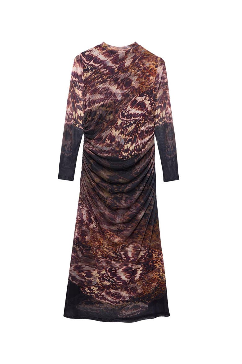 Long Sleeve Printed Mesh Midi Dress, Alternate, color, Burgundy