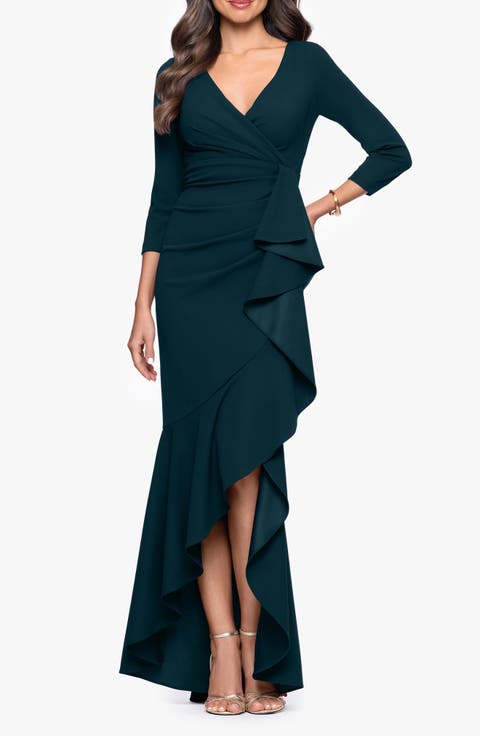 Ruffle Scuba Crepe Faux Wrap High-Low Mermaid Gown
