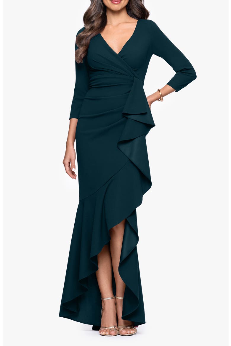 Ruffle Scuba Crepe Faux Wrap High-Low Mermaid Gown video