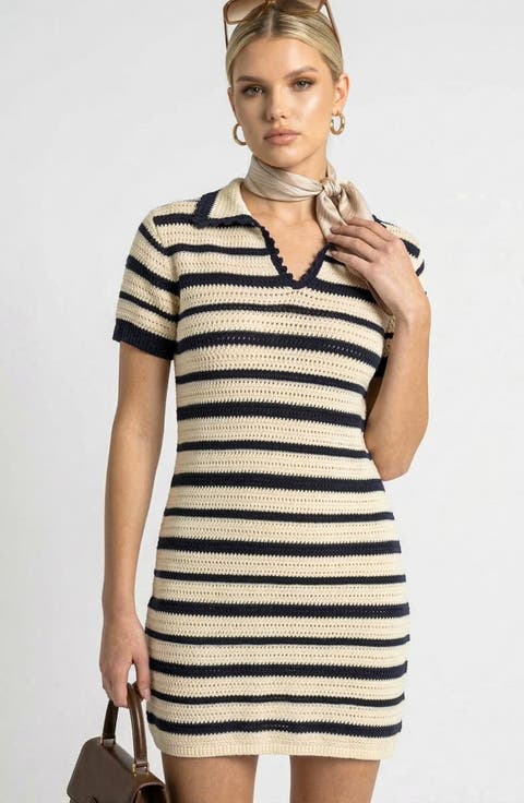 Short Sleeve Mini Sweater Dress with Collared Split Neck and Stripe Pattern