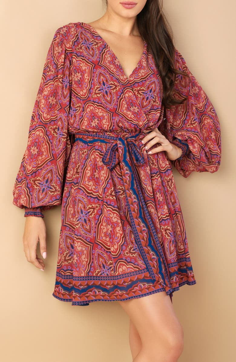 FLYING TOMATO Long Sleeve Faux Wrap Minidress, Alternate, color, Brick