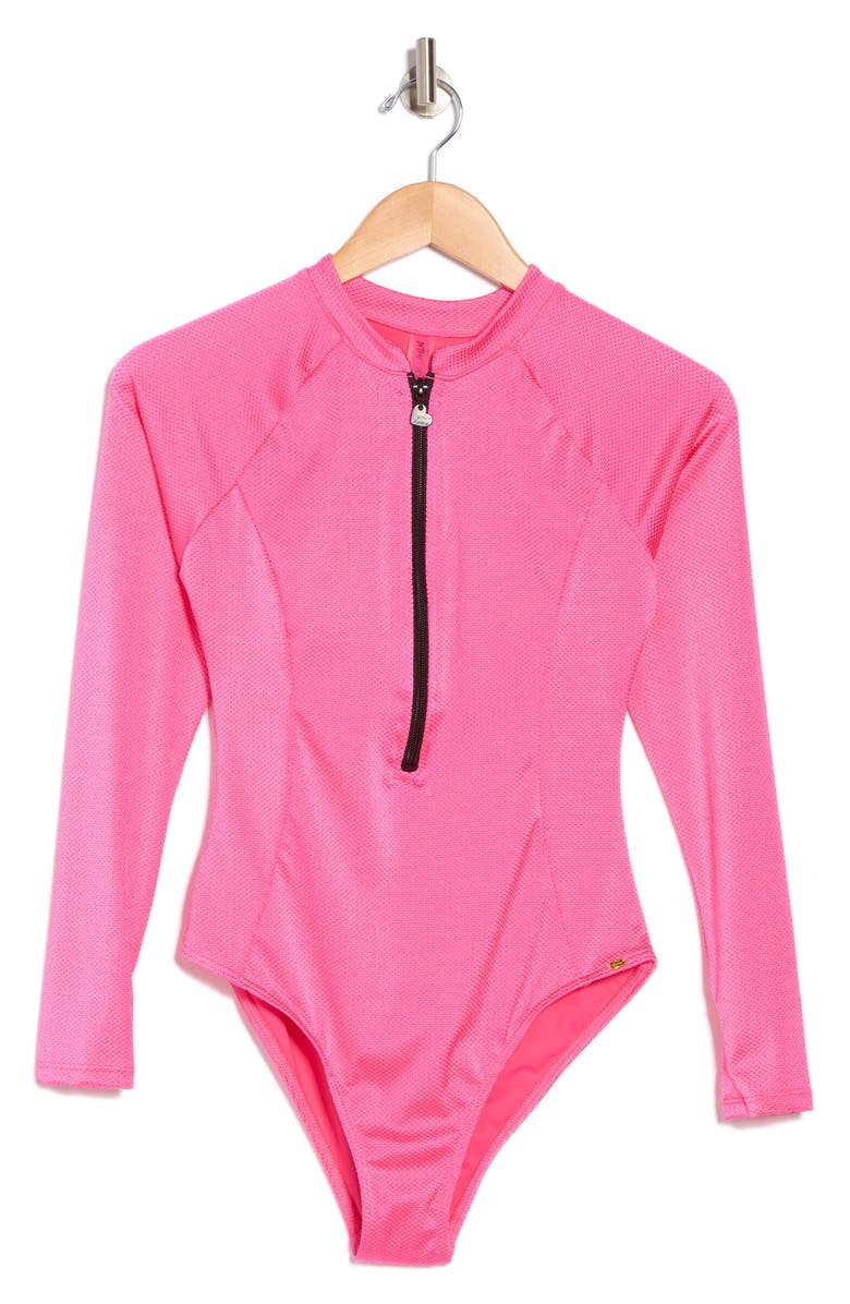 Betsey Johnson Scuba Knit Half Zip Long Sleeve One-Piece Swimsuit, Alternate, color, Pink