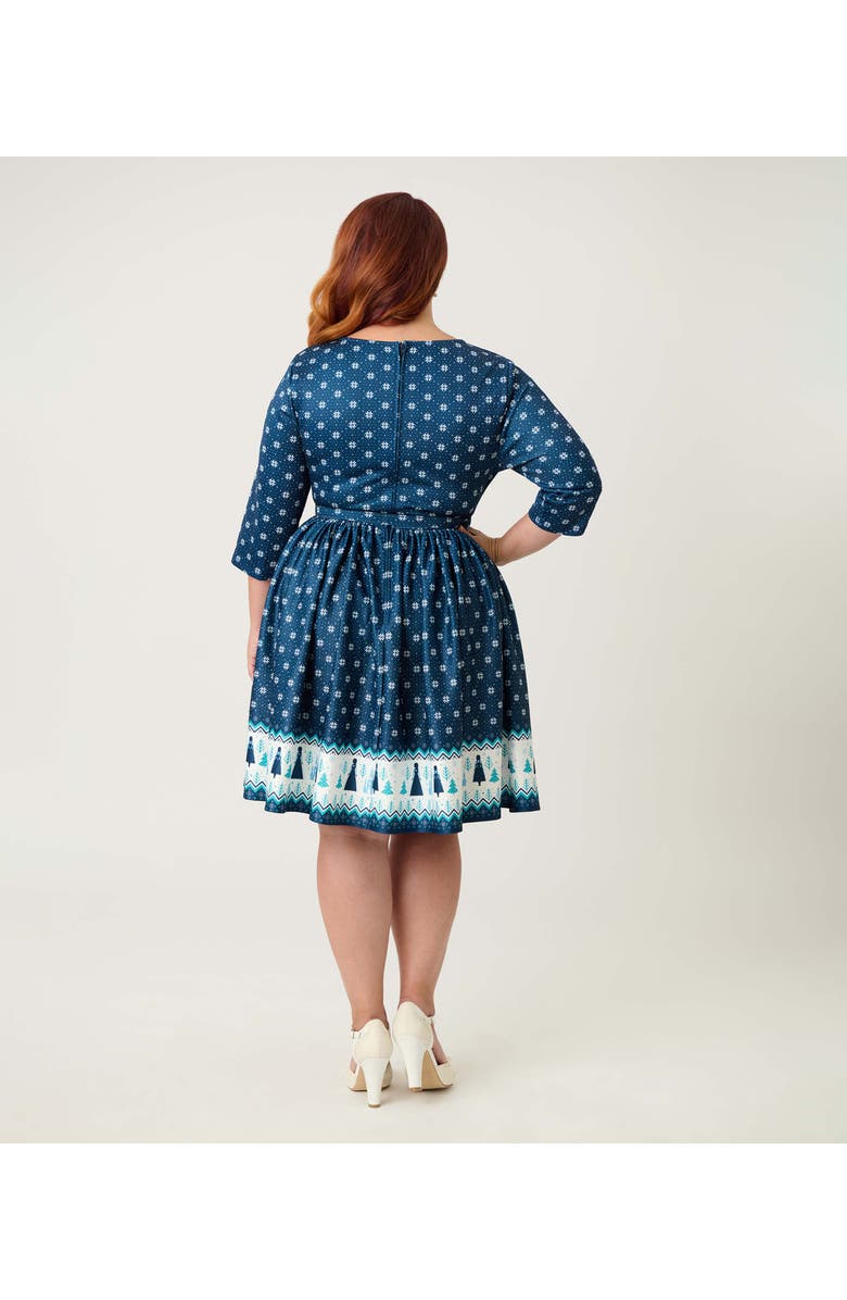Unique Vintage Plus Size Boat Neck Belted Stephanie Fit & Flare Dress, Alternate, color, Blue Fair Isle Print