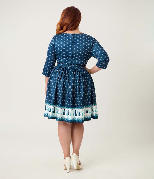 Unique Vintage Plus Size Boat Neck Belted Stephanie Fit & Flare Dress In Blue