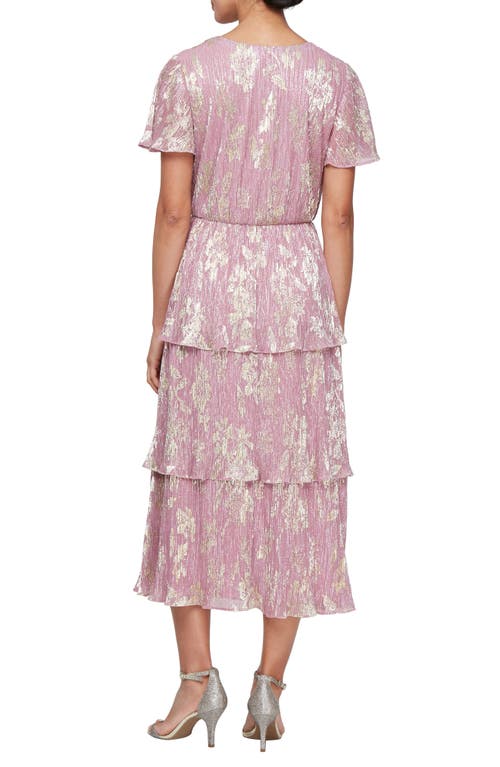 Shop Sl Fashions Short Sleeve Foil Plissé Tiered Cocktail Dress In Blush