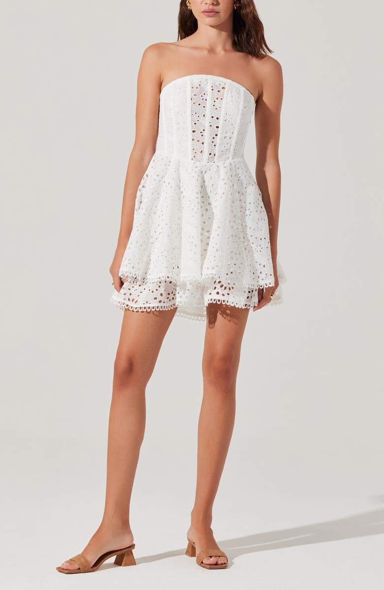 ASTR the Label Deasia Eyelet Embroidery Strapless Minidress, Alternate, color, White
