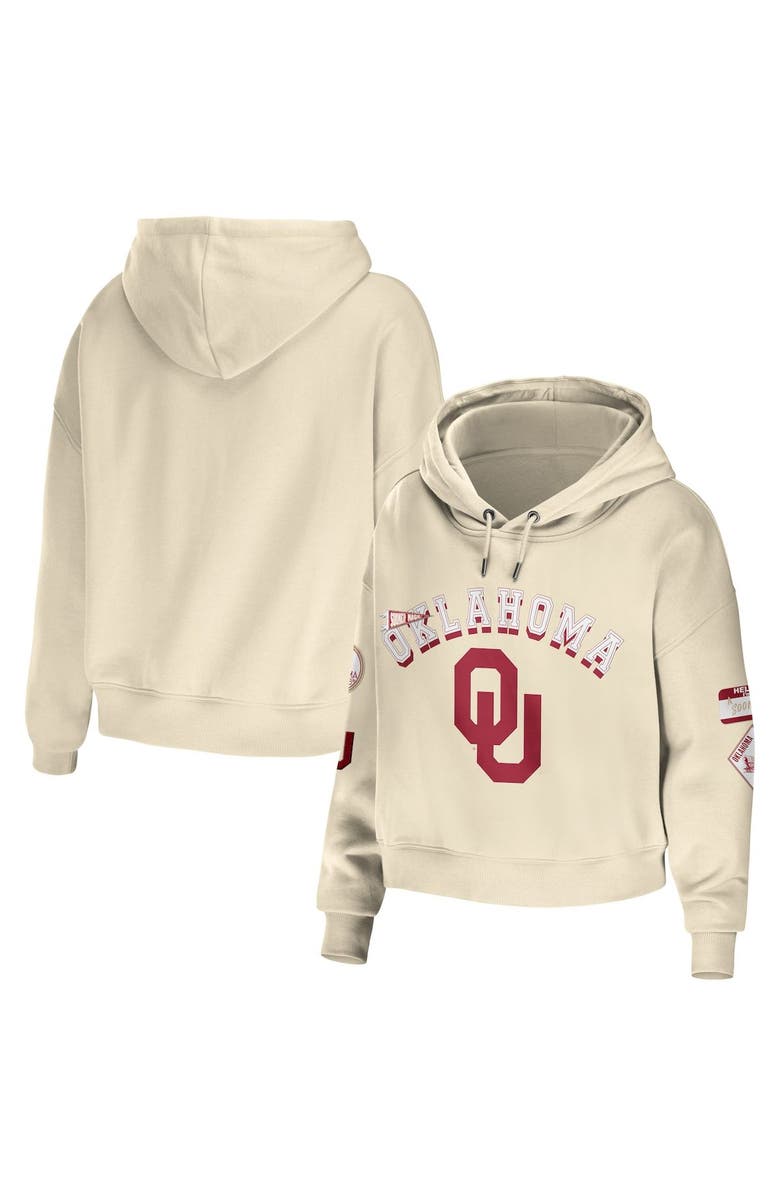 WEAR by Erin Andrews Women's WEAR by Erin Andrews Cream Oklahoma Sooners Mixed Media Cropped Pullover Hoodie, Main, color, 