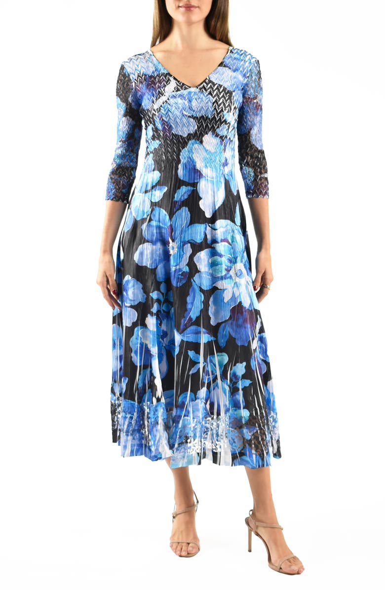 Komarov Lace Sleeve Charmeuse & Chiffon Cocktail Dress, Main, color, Cyan Blooms