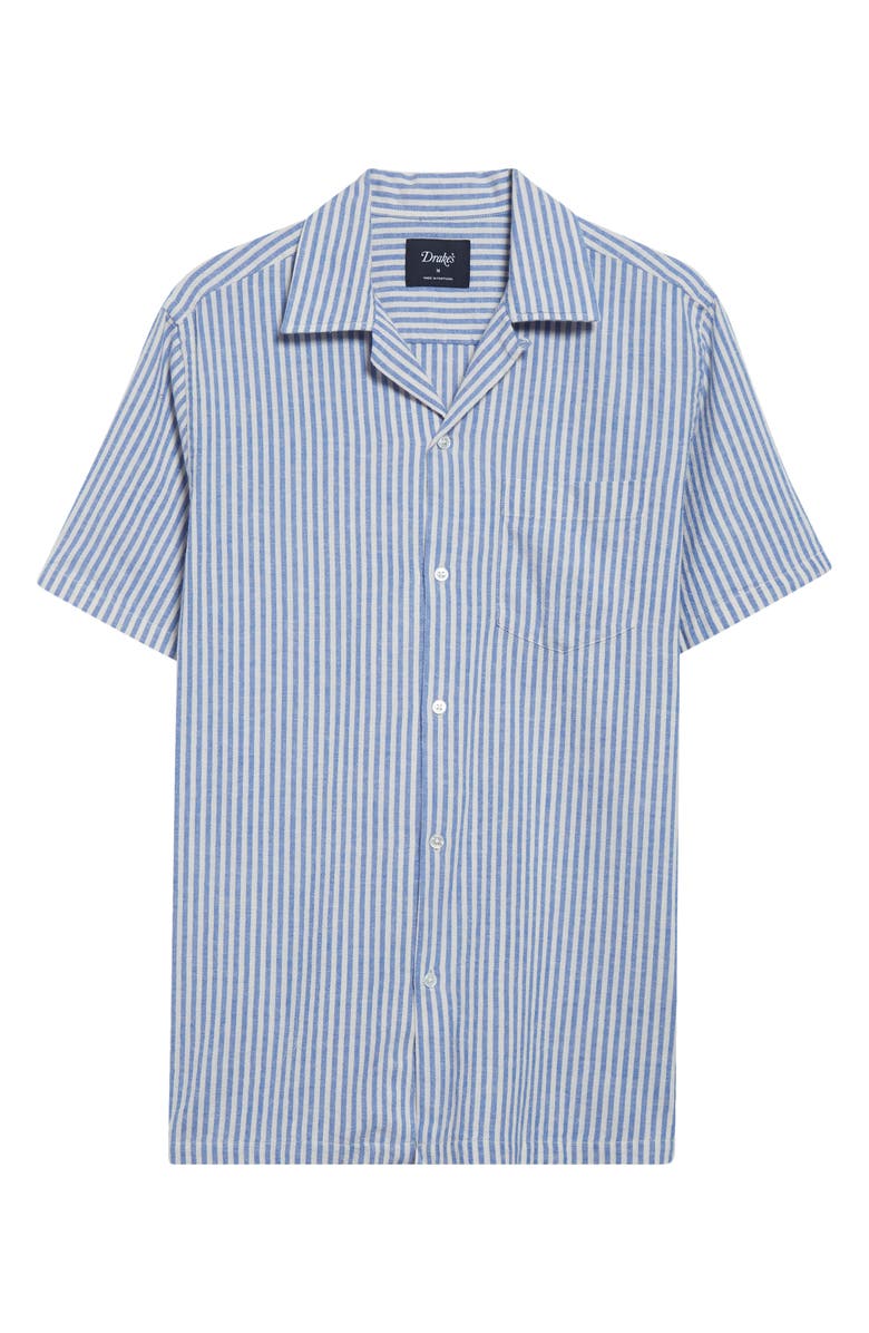 Drake's Stripe Cotton & Linen Camp Shirt, Alternate, color, Blue
