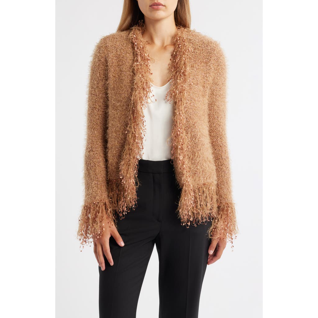 Anne Klein Fring Open Front Cardigan In Brown