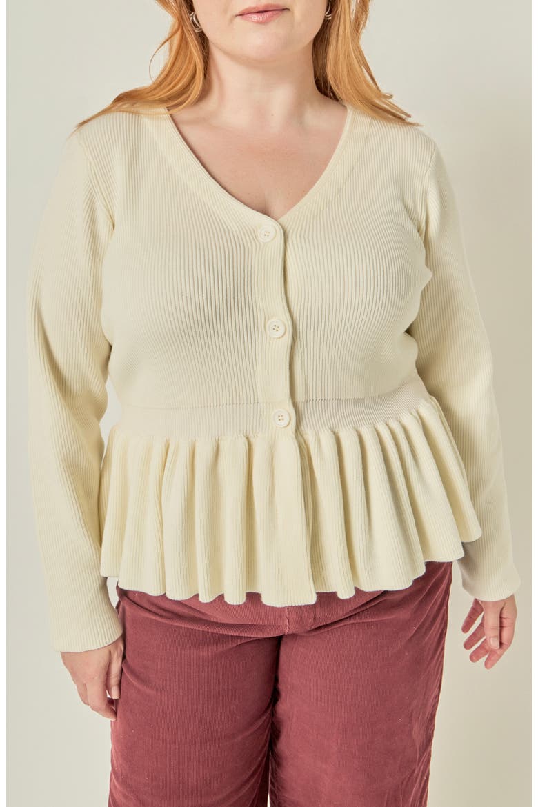 Peplum Ribbed Knit Cardigan, Main, color, WHITE