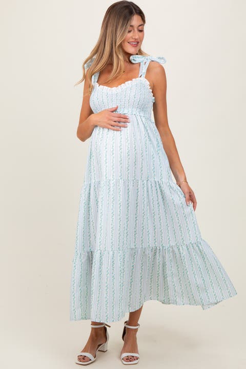 Floral Striped Smocked Shoulder Tie Maxi Dress