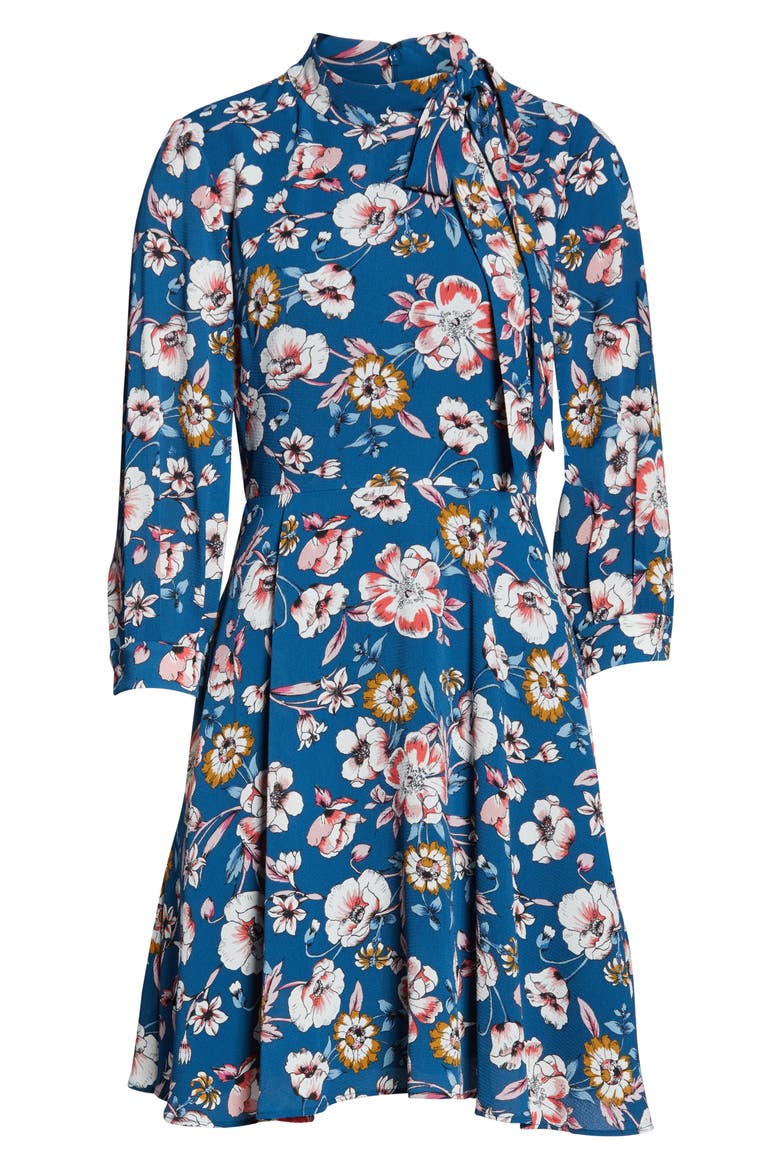 Floral Tie Neck Fit & Flare Dress, Alternate, color, TEAL