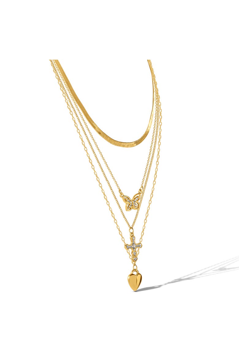 Layered Butterfly, Cross & Heart Pendant Necklace Set, Alternate, color, Gold