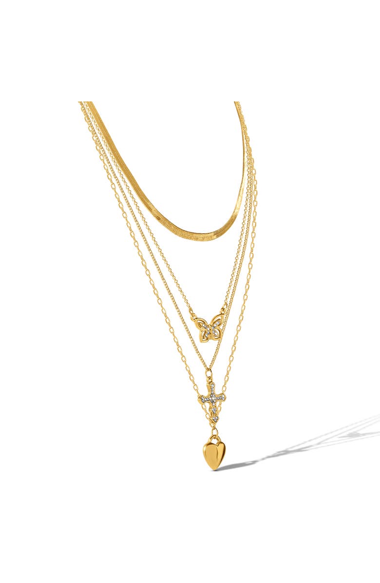 Jessica Simpson Layered Butterfly, Cross & Heart Pendant Necklace Set, Alternate, color, Gold