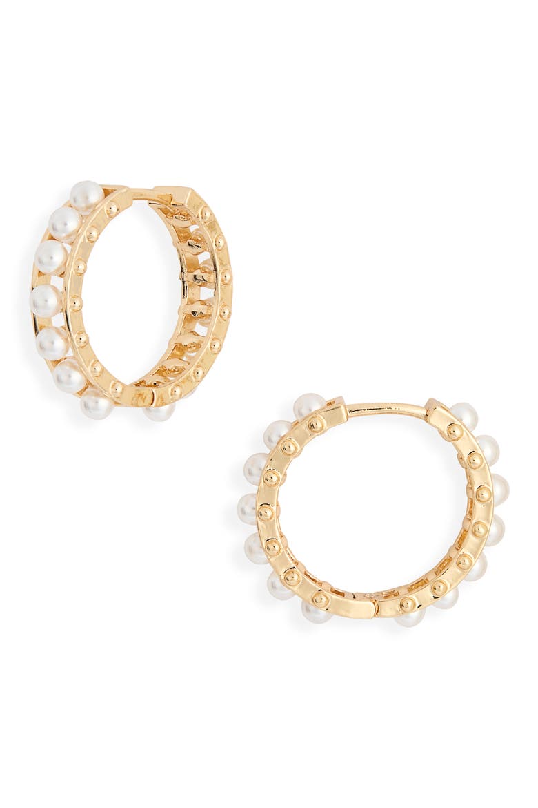 Imitation Pearl Huggie Hoop Earrings, Main, color, WHITE- GOLD