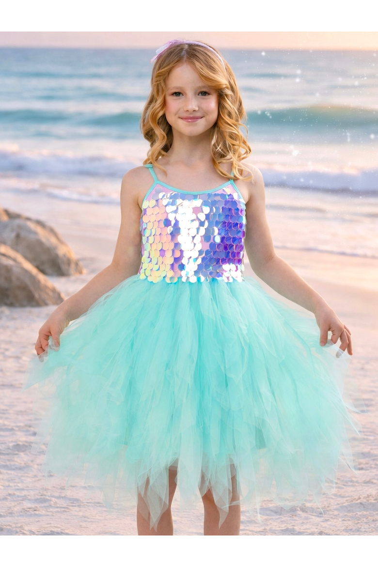 Iridescent Aqua Mermaid Sequin Party Dress, Alternate, color, Blue-Green