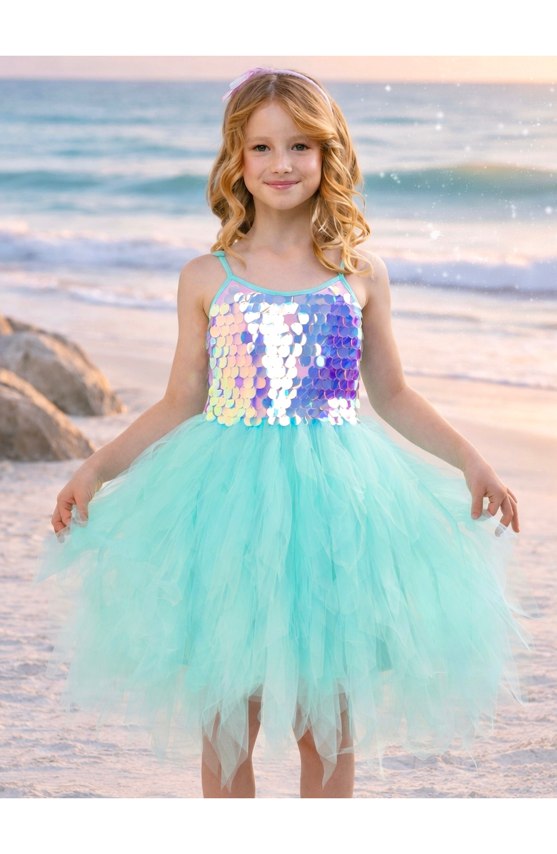 Mia Belle Girls Iridescent Aqua Mermaid Sequin Party Dress, Alternate, color, Blue-Green
