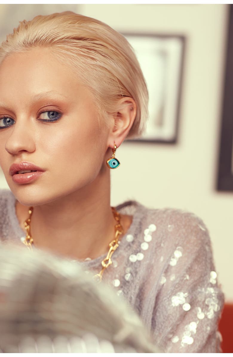 Ottoman Hands Bronte Glass Evil Eye Huggie Earrings, Alternate, color, Gold