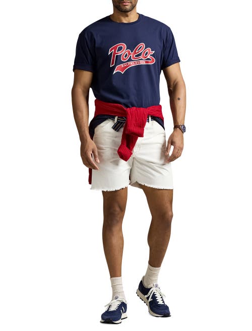 Polo Ralph Lauren Blue Crewneck T-shirt With Logo Print On The Front In Cruise Navy