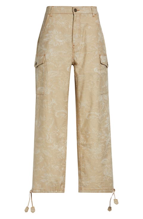 Floral Drawstring Hem Cargo Jeans (Multicolor Beige Base)