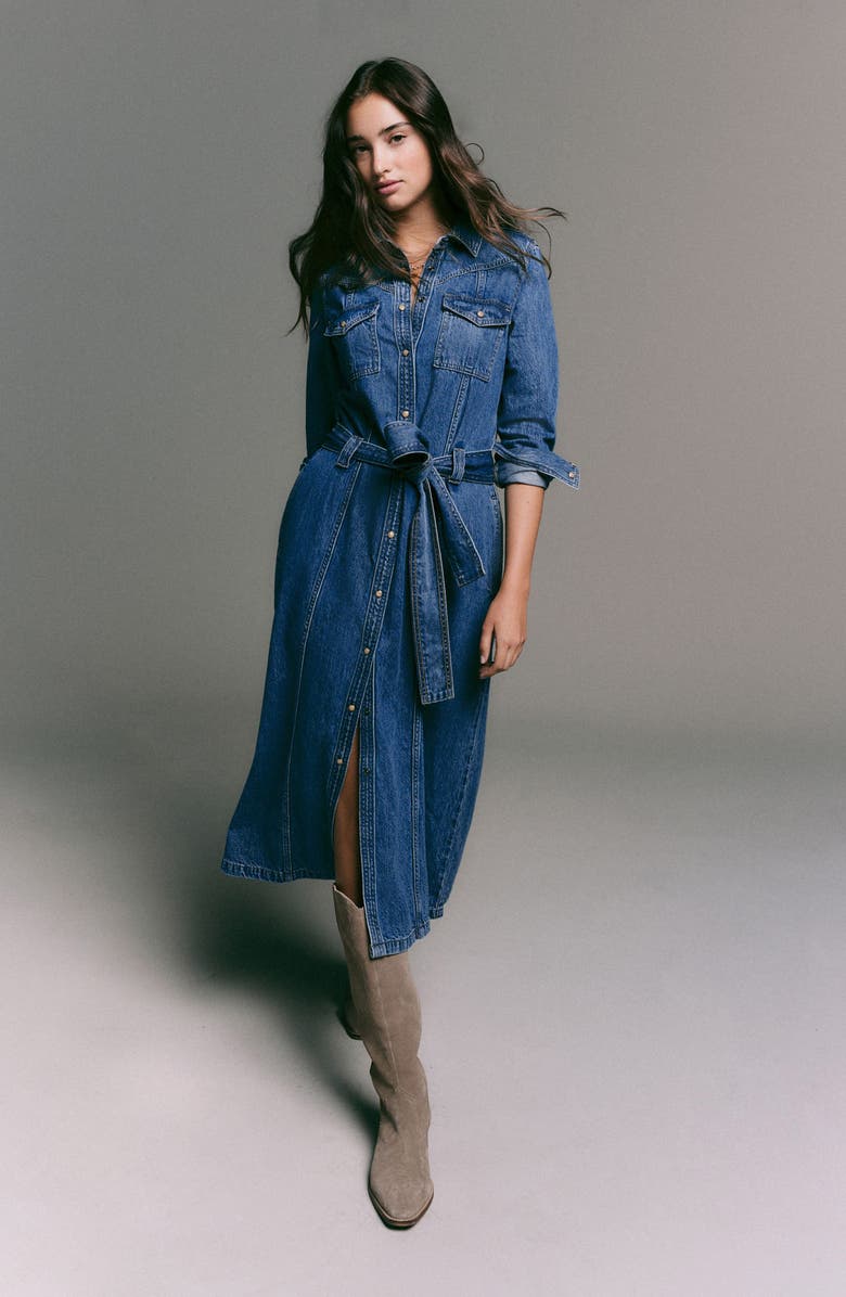 NEXT Western Tie Waist Denim Midi Dress, Alternate, color, Denim Dark Blue