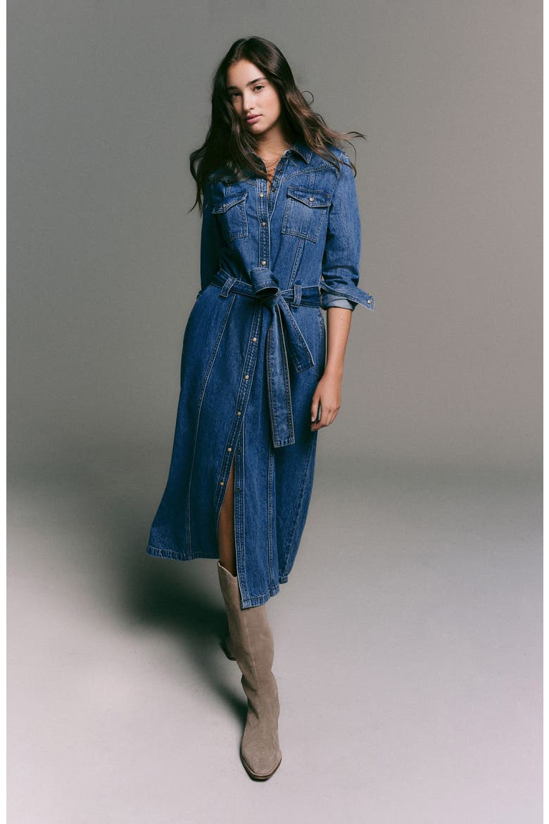 warehouse denim midi dress Warehouse Women's Denim Side Split Midi Dress in Mid Wash