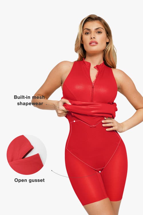 POPILUSH POPILUSH SHAPEWEAR SCULPTING FAUX LEATHER ZIP FRONT MIDI DRESS